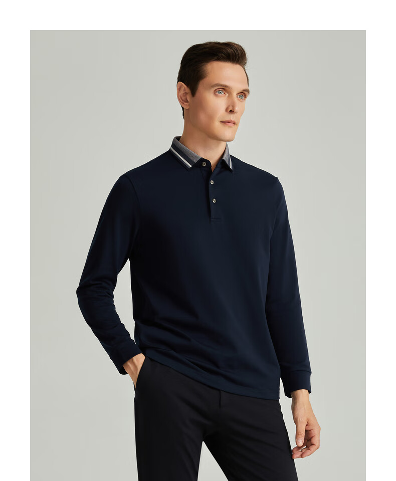 Shachi (SATCHI) Brushed Light-Absorbing Heat-Generating Constant Temperature Color-Block Lapel Business Men's Long-Sleeve T-Shirt Polo Shirt Men's Clothing Autumn Winter Dark Blue Size 46 14