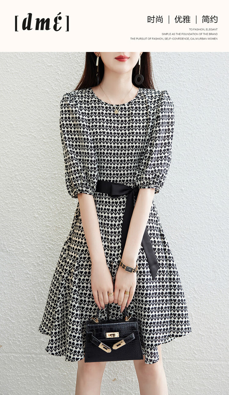 DME Floral Tie-Waist Flared Skirt New Round Neck Waist-Cinching Puff Sleeve Mid-Length Dress for Women Black XL 1