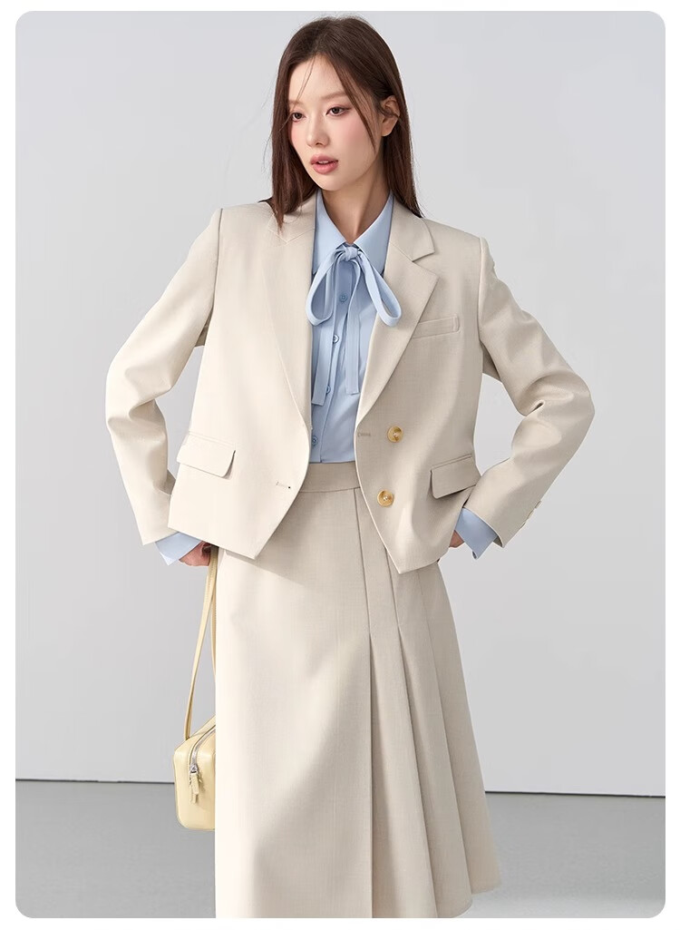 Bodexiaojie Beige Interview Suit Jacket for Women, Professional Commute Formal Wear, Lightweight Office Suit for Petite Figures 21