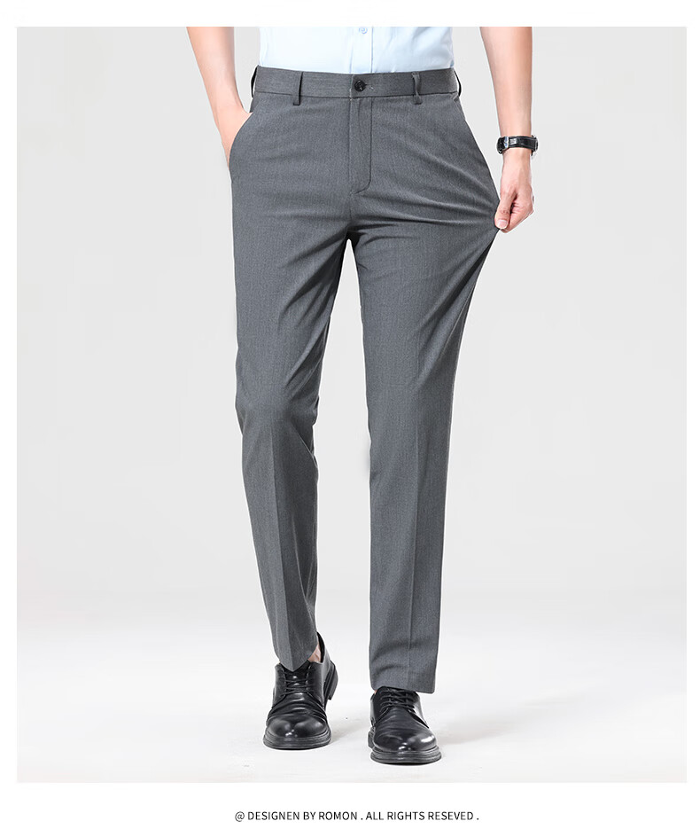 ROMON Tencel Men's Wrinkle-Resistant Non-Iron Business Dress Pants Casual Elastic Straight-Leg Trousers for Dad 6