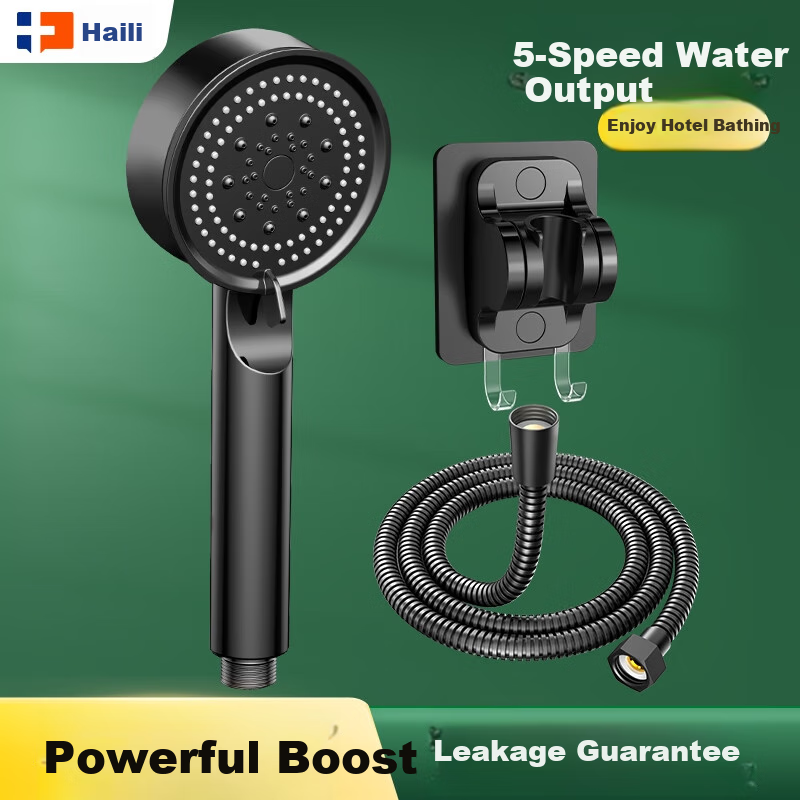 Haili Five-Speed Booster Shower Head, No Drilling Required Bracket, 1.5-Meter Hose, Self-Cleaning 996H-3 Handheld Shower Head Three-Piece Set, Bathroom Bathing Shower System