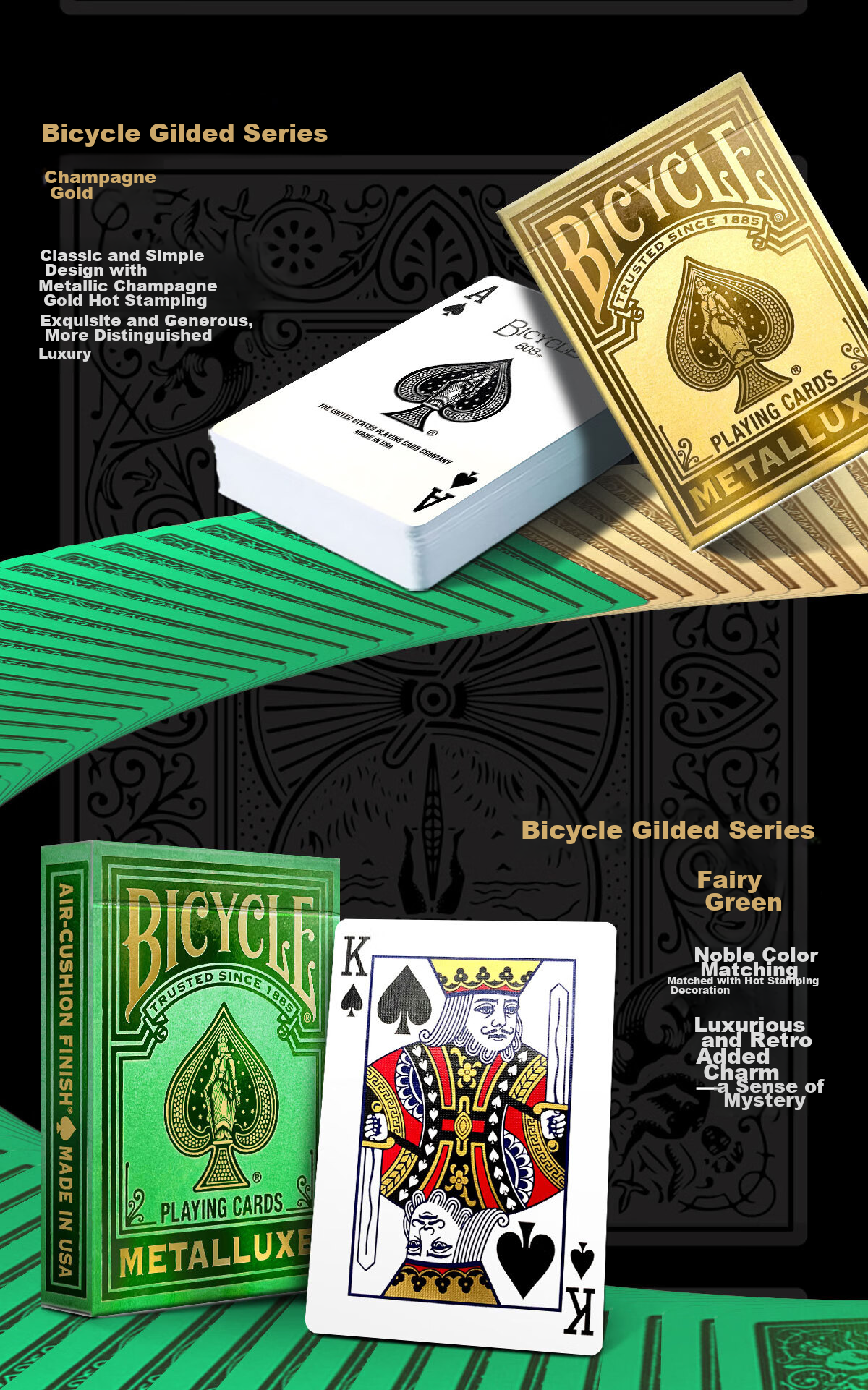 BICYCLE Playing Cards, High-End Luxury Gold-Stamped Cards, Ni Jin Series, Fairy Green, 1 Deck 5