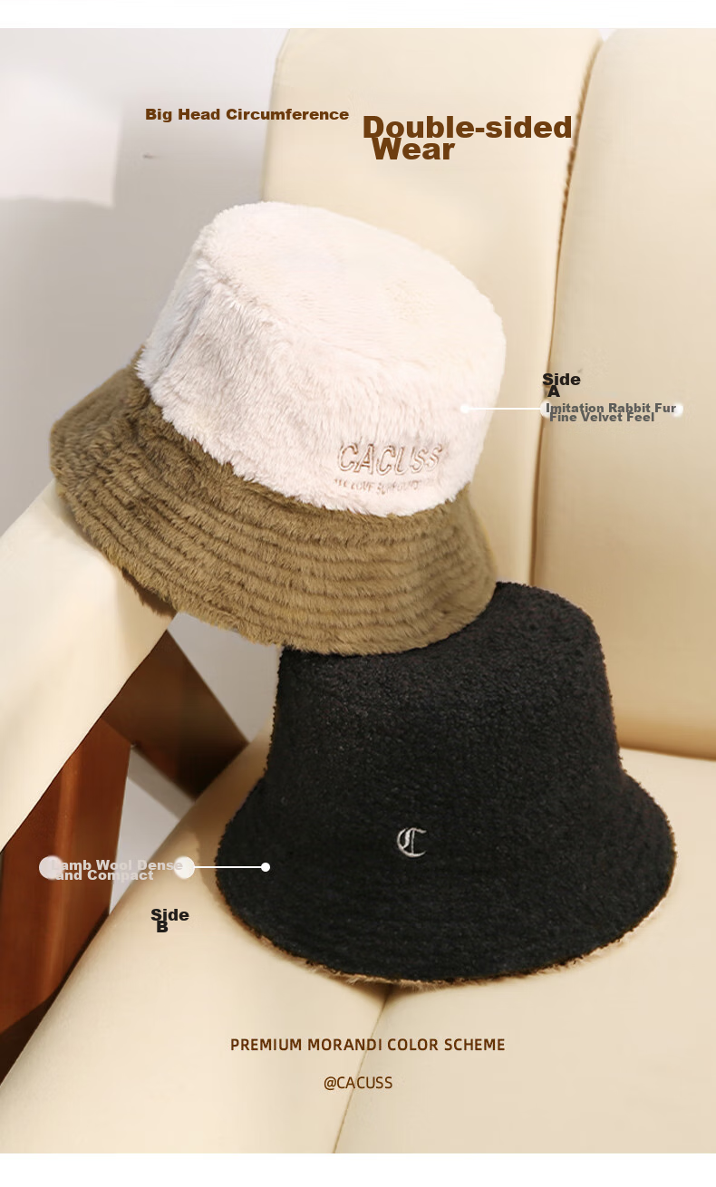 CACUSS Women's Winter Warm Fisherman Hat, Large Head Circumference, Face-Slimming Bucket Hat, Retro Plaid Teddy Fleece Hat, Coffee Color 5