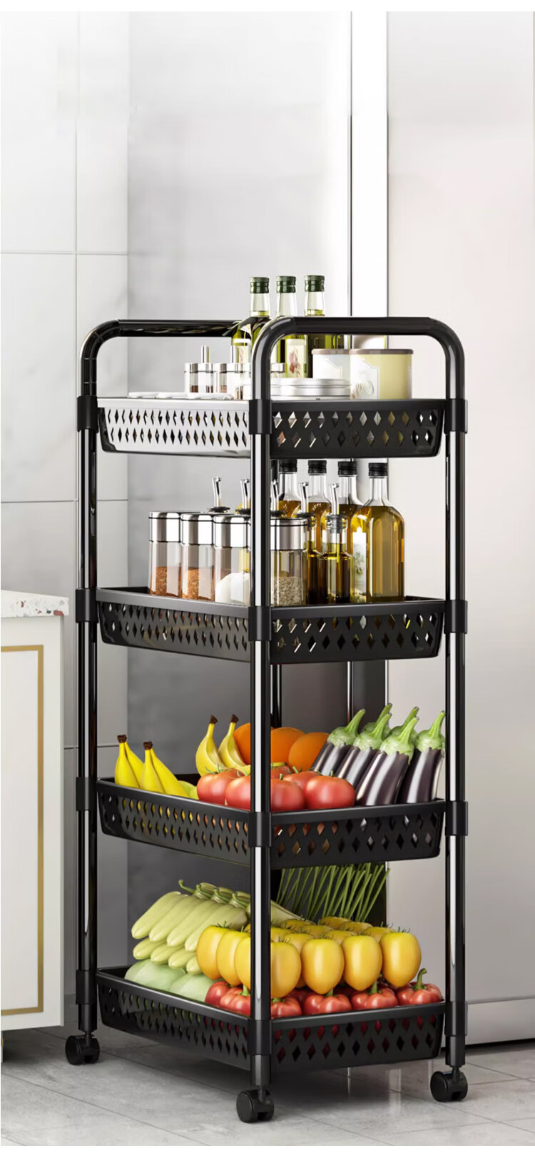 Yupin Floor Storage Rack Cart Living Room Snack Storage Shelf Kitchen Layered Rack Black with Handle 3-Tier ZW295 4