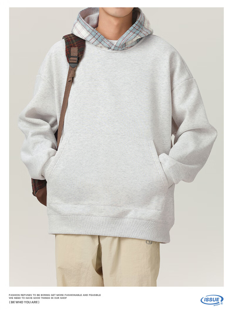 MMOPTOP American Retro Plaid Hoodie for Men, Spring And Autumn Season, Color Block Splicing Casual Top VE55162, Flax Gray, Size L 7