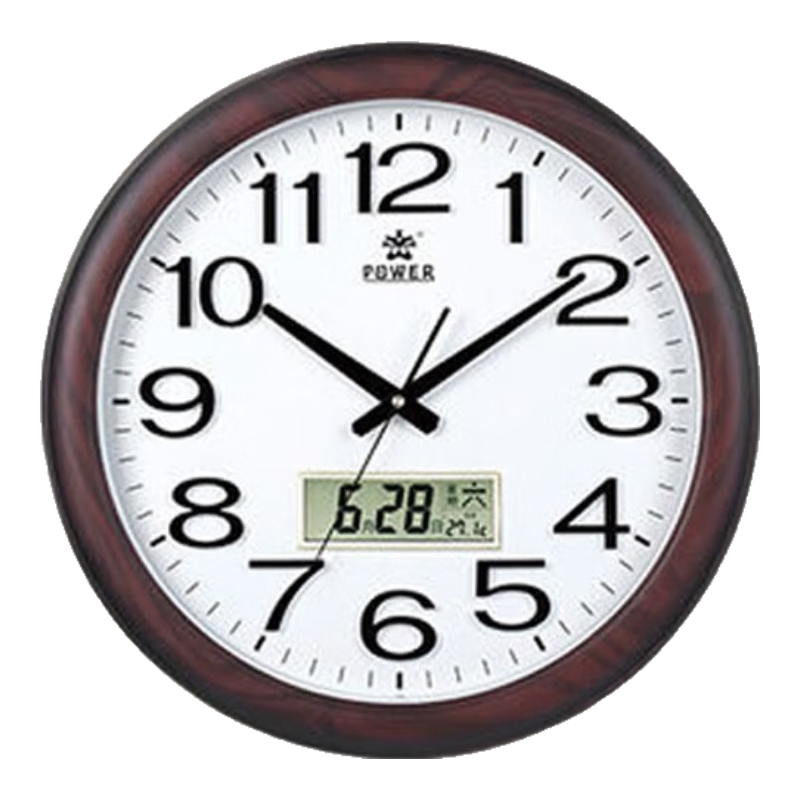 POWER Bawang Wall Clock, Large Chinese-Style Wooden-Look Living Room Round Quartz Clock with Calendar, Wall-Mounted, 48cm, 0572