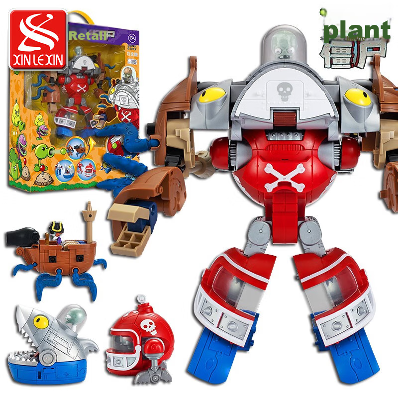 PLANTS VS ZOMBIES Official Boy Shooting Transforming Combination Toy Robot, Sea And Land Boss Three-I
