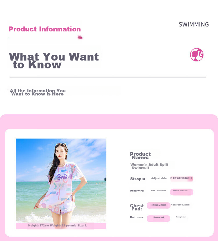 Barbie [Three-Piece Set], Women's Two-Piece Swimsuit, Sexy Tummy Control, Slimming, Hot Spring Swimwear, Beach Vacation Swimwear 8