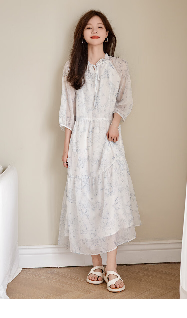 Dme Floral Print Pleated Dress Summer Fresh Three-Quarter Sleeve Long Dress, Floral Print, Size L 13