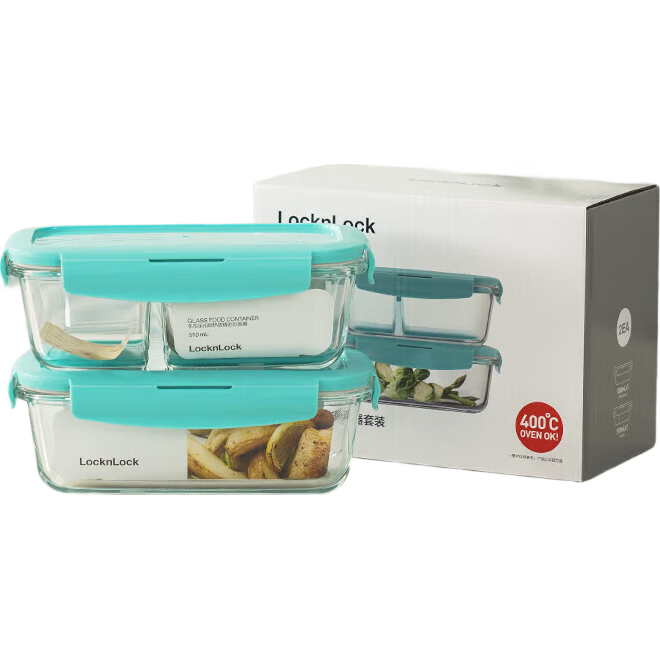 LOCK&LOCK Glass Food Storage Container Set, Cold And Heat Resistant Refrigerator Food Preservation Lunch Box, Microwave-Safe Meal Container, Blue, 2-Piece Set