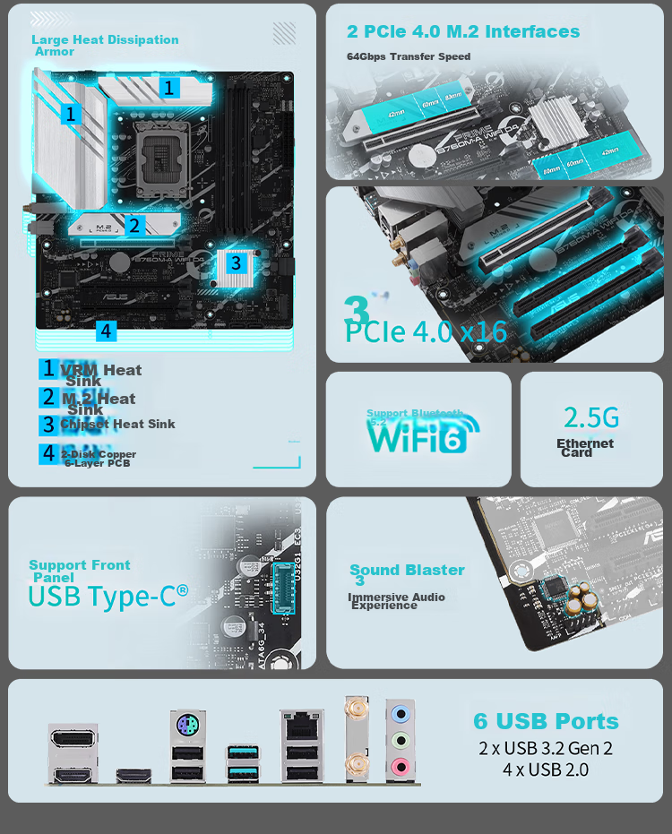 ASUS PRIME B760M-A WIFI D4 Motherboard, Compatible with CPU 14600KF/12600KF/12490F (Intel B760/LGA 1700) 5
