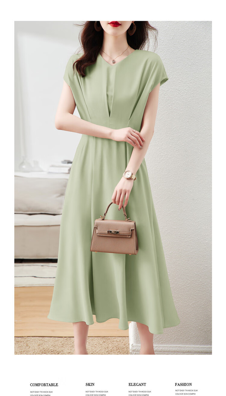 DME A-Line Skirt Summer Commuter V-Neck Short Sleeve Simple Mid-Length Dress for Women 4