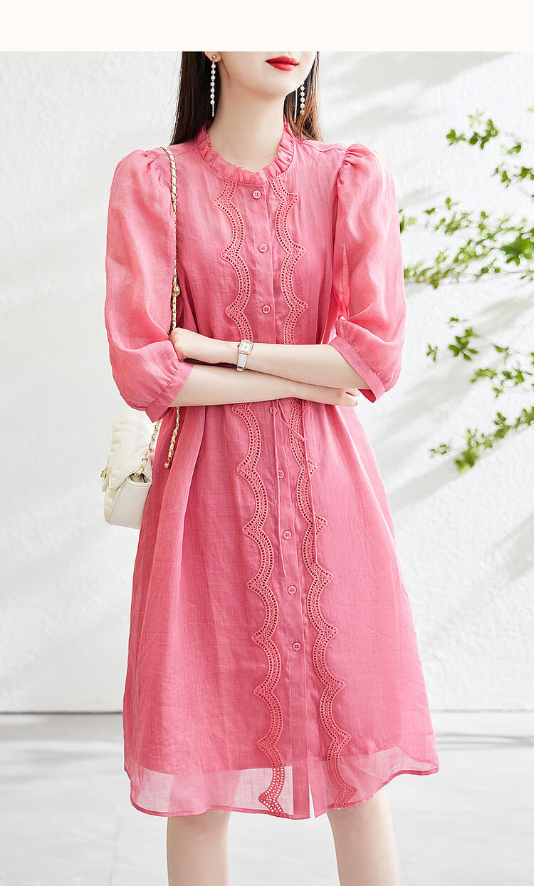 Dme [Breathable 100% Ramie] Spring And Autumn Natural Comfortable Round Neck Tie-Up Embroidered Three-Quarter Sleeve Dress 8