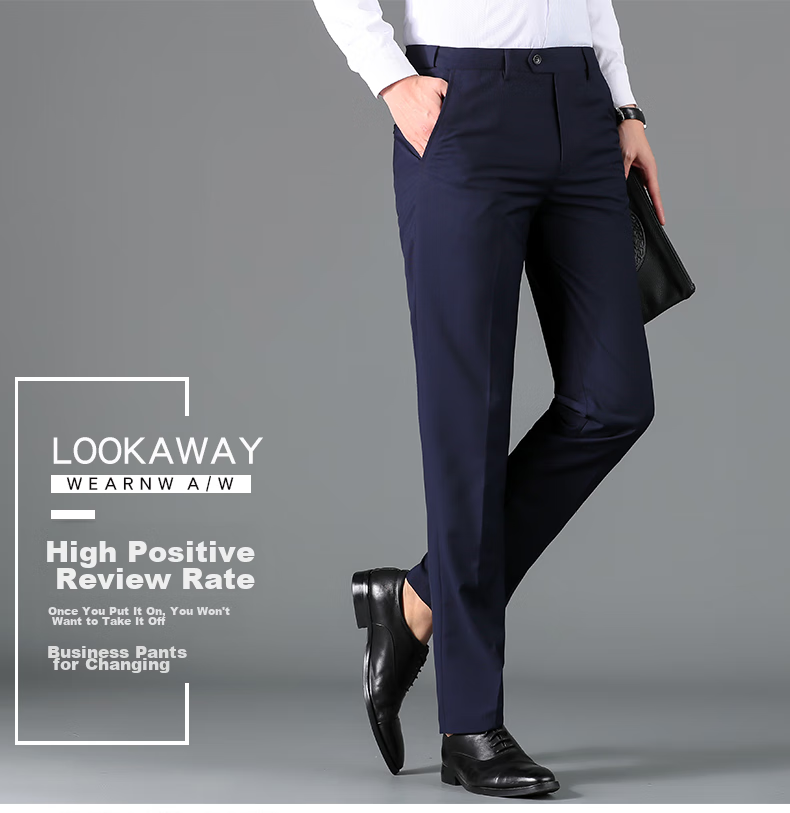 ROMON Wrinkle-Resistant Non-Iron Dress Pants for Men, High-Waisted Loose Casual Business Suit Trousers Straight-Leg Dad Pants 16