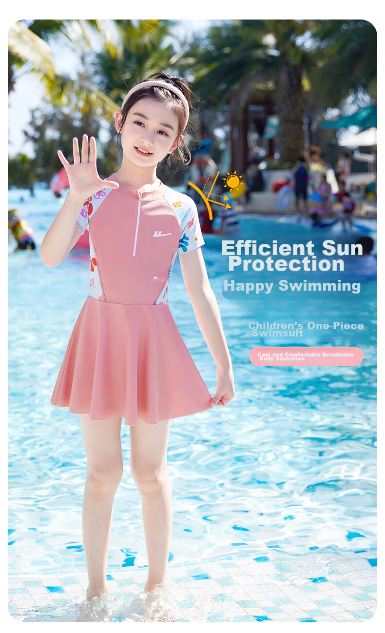 Huili Children's Swimsuit, Girls' One-Piece Dress, for Older Kids, Quick-Drying Swimming Pool Set for Girls, Three Pieces, 34020 Green, Size L 3