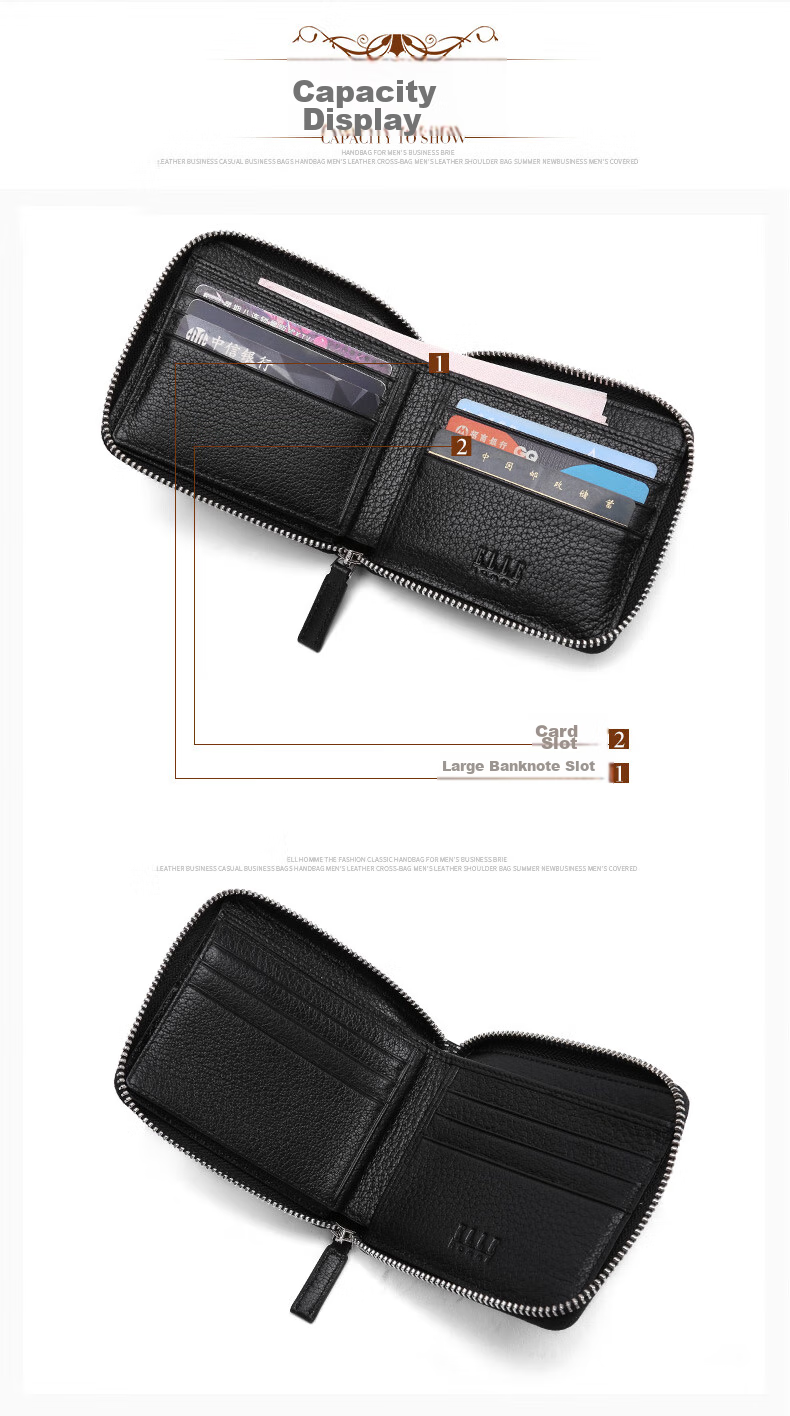 ELLE HOMME Men's Fashionable Short Wallet, Litchi Pattern Top-Grain Leather Zipper Coin Purse 4122, Birthday Gift for Me 4