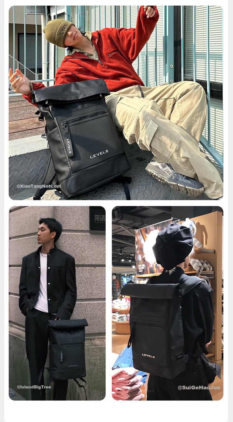 LEVEL8 Natural Square Men's Backpack, 16-Inch Laptop Bag, Commuter Zipper Large Capacity Schoolbag, Business Travel Backpack 14