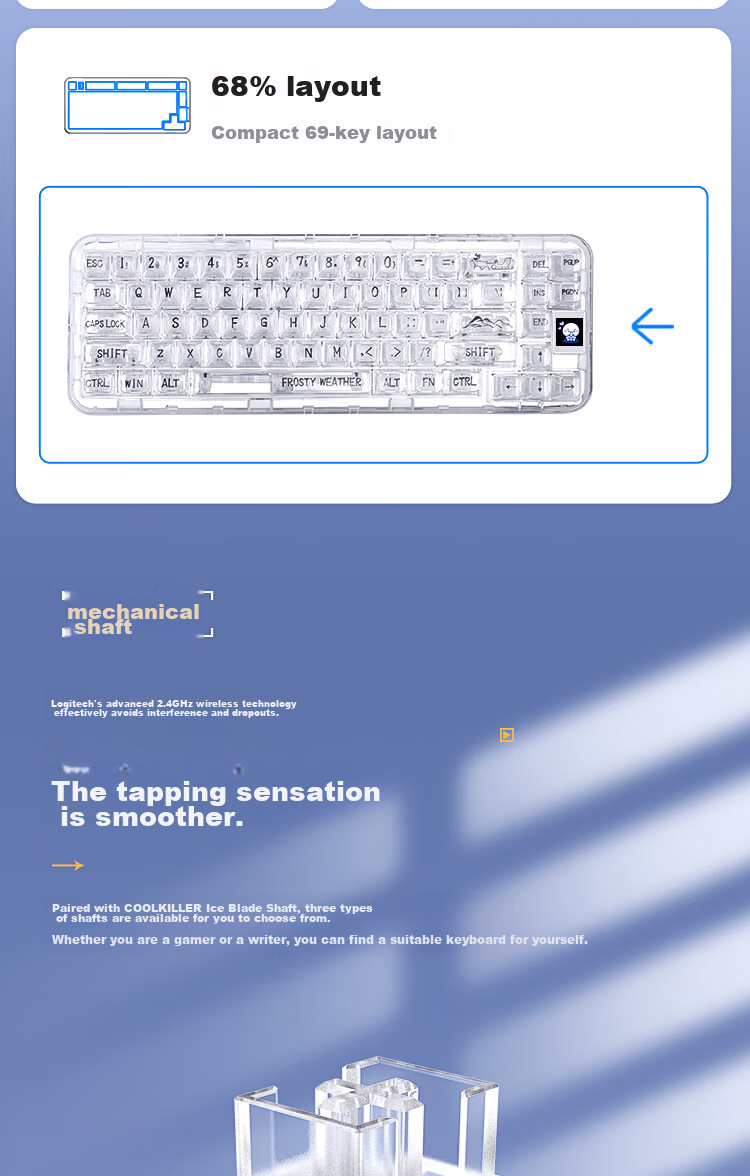 CoolKiller CK68 Polar Bear Wired/wireless/blue Toed Three-Mode Transparent Customizable Mechanical Keyboard, Ice Blade Switches, Linear Switches 6