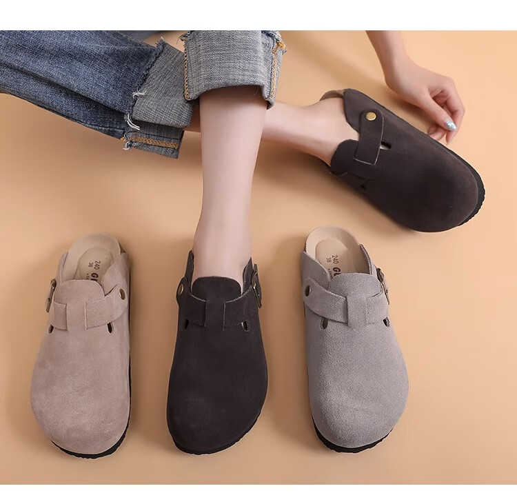 GUOLUOFEI Cork Shoes Birkenstock-Style Shoes for Couples, Fashionable All-Season Slippers for Men And Women, Outdoor Wear Cowhide Closed-Toe Shoes, Apricot Color, Size 39 12