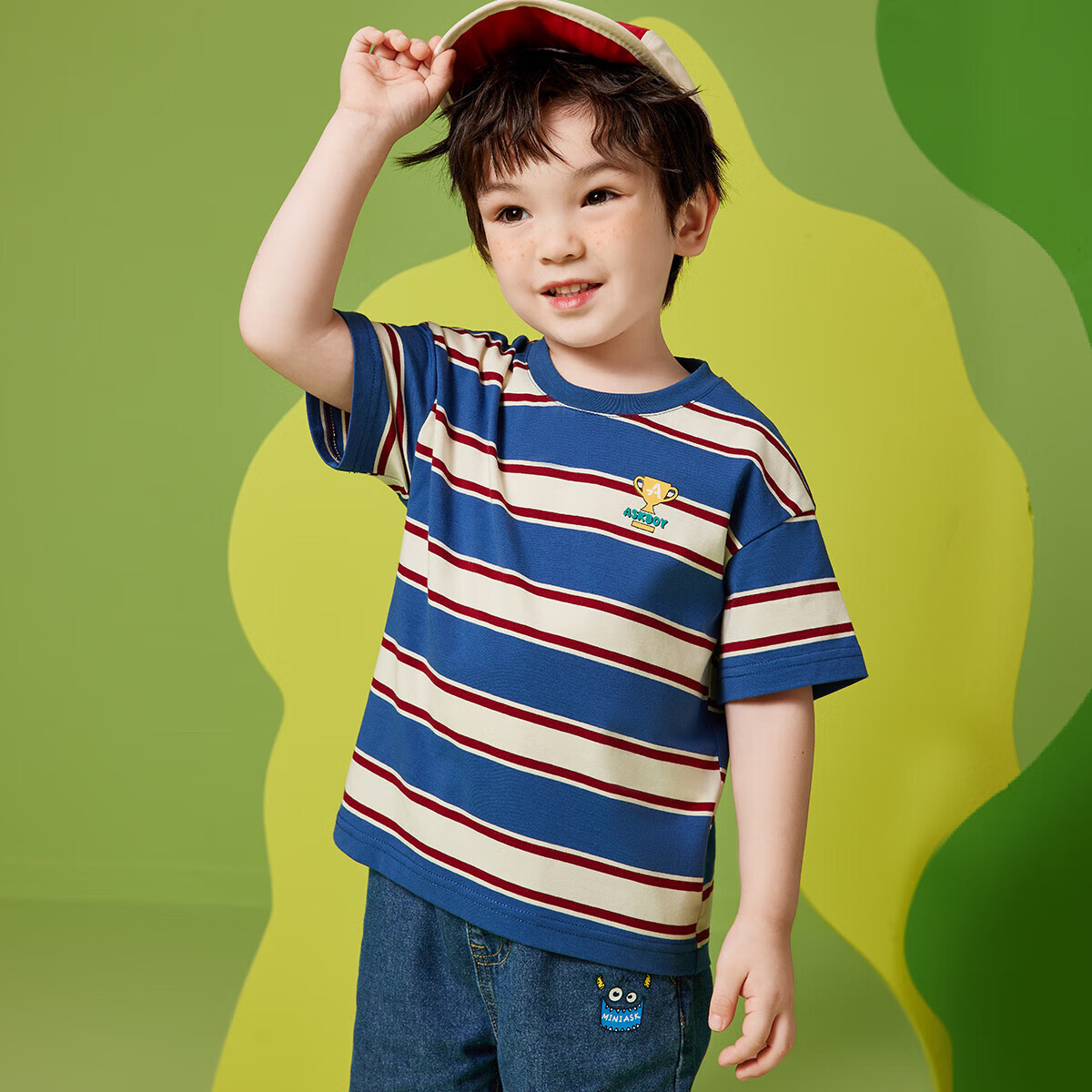 ASK JUNIOR Boys' Short Sleeve T-Shirt Summer Kids' Casual Striped Top and Mosquito-Repellent Harem Pants Two-Piece Set