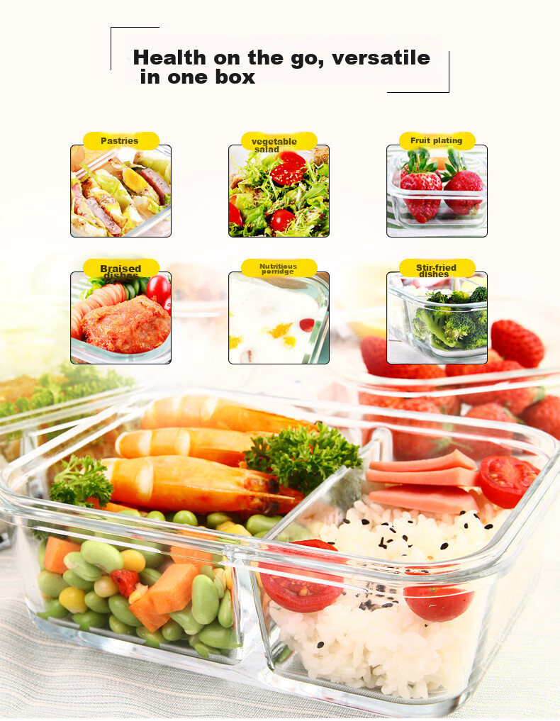 Chuangde Heat-Resistant Glass Food Storage Container, Microwave-Safe Lunch Box for Office Workers, Three-Compartment 1020+700ml with Bag 17