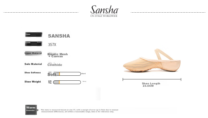 Sansha Adult Ballet Practice Shoes, Elastic Mesh with Leather Sole, Cat Paw Dance Shoes, Breathable Soft Shoes, 357X Meat Size 37 2