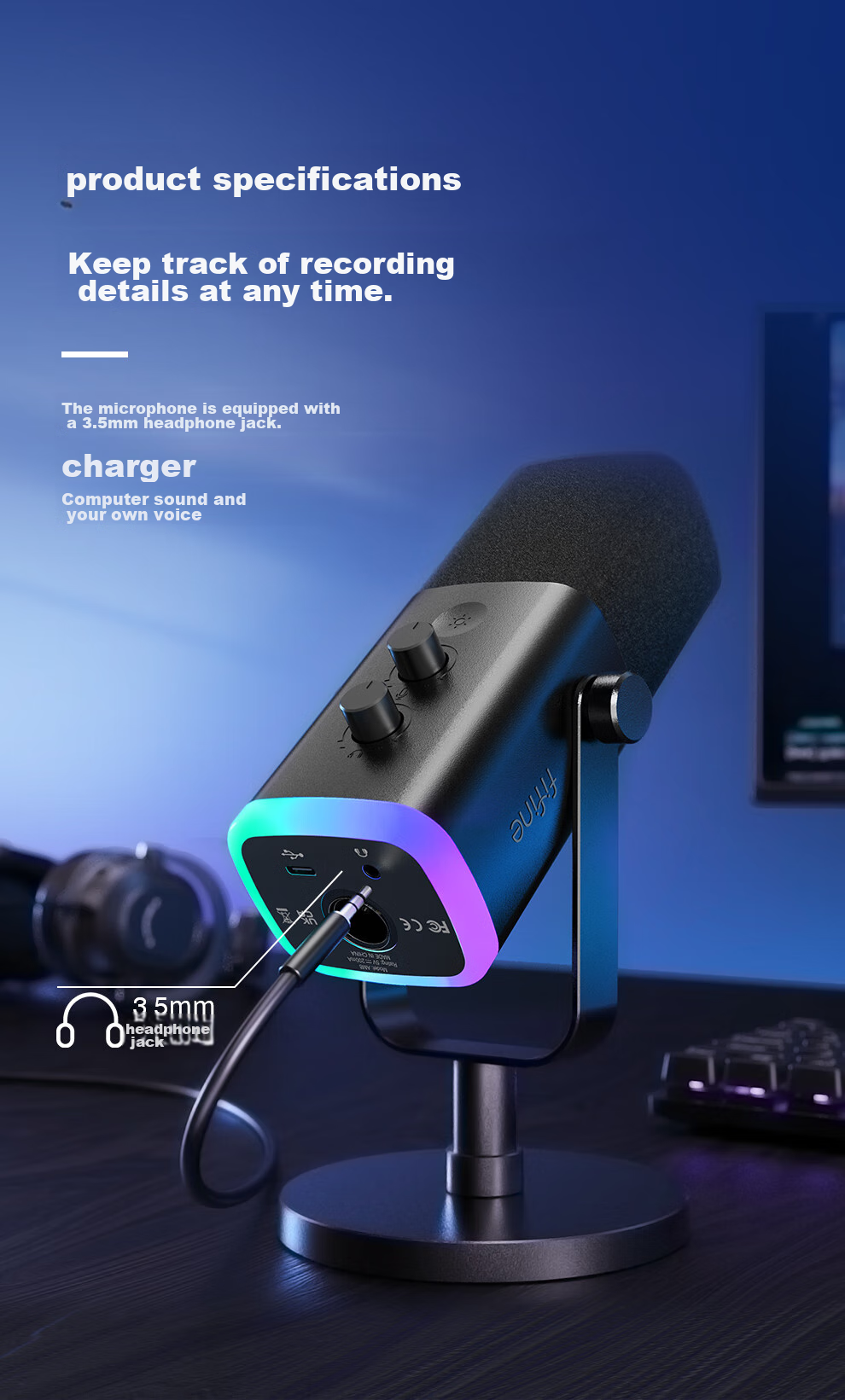 FIFINE Dynamic Noise-Cancelling USB Computer Microphone for Desktop Streamers, Live Streaming, Gaming, Recording, Karaoke, Video Use, with External Sound Card Support, Desktop RGB Microphone, Wired Microphone AM8 Black 10