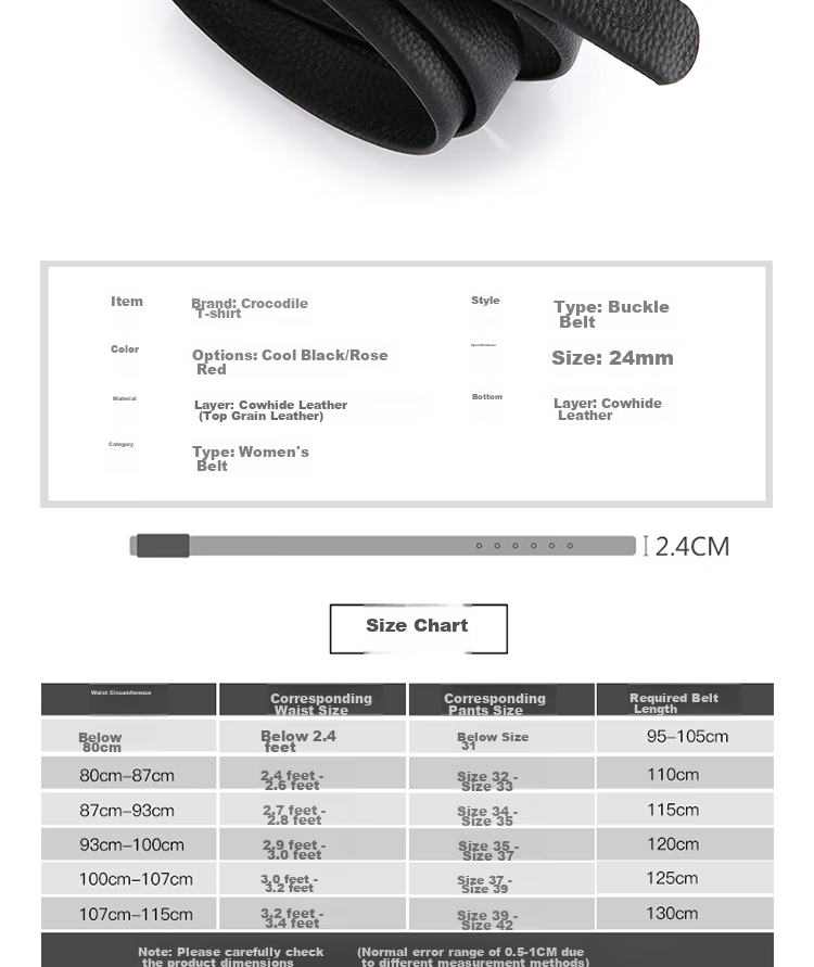CROCODILE Belt, Fashionable Top-Grain Leather, Soft Women's Simple Pin Buckle Belt, Birthday Gift, 11430 Black, for Girlfriend 7