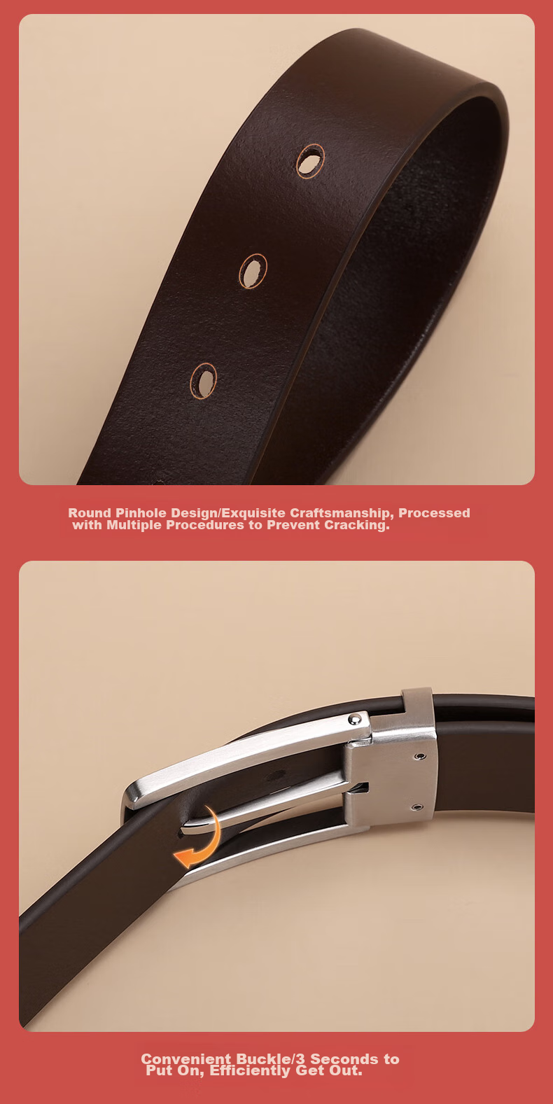 ELLE HOMME Business Men's Leather Belt, Single-Layer Cowhide Pin Buckle Waistband, 304 Stainless Steel Buckle Head, Birthday Gift for Me 6