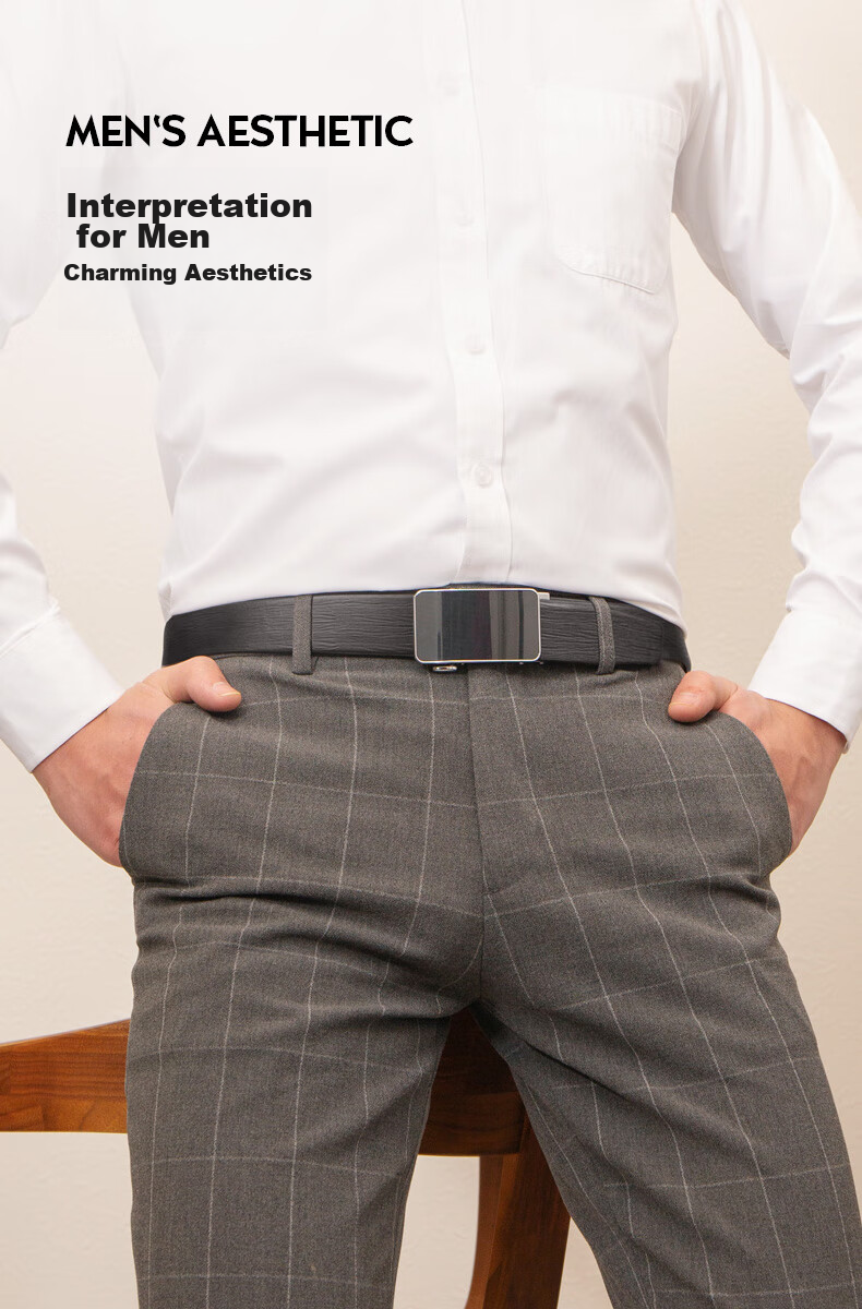 Cattlesboss Men's Belt, Business Automatic Buckle Leather Belt, Top-Grain Cowhide Waistband 7210 Gift for Dad, Black, 110cm 5