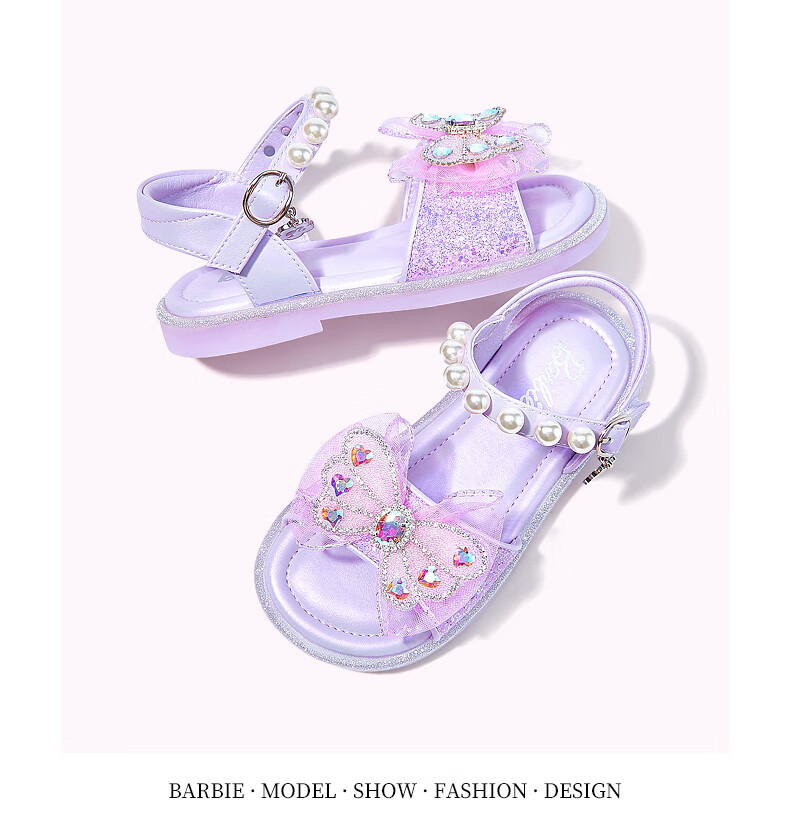 Barbie Children's Shoes, Summer Kids' Sandals, Girls' Butterfly Bow Open-Toe Sandals, Crystal Shoes DA5939, Light Purple, Size 28 18