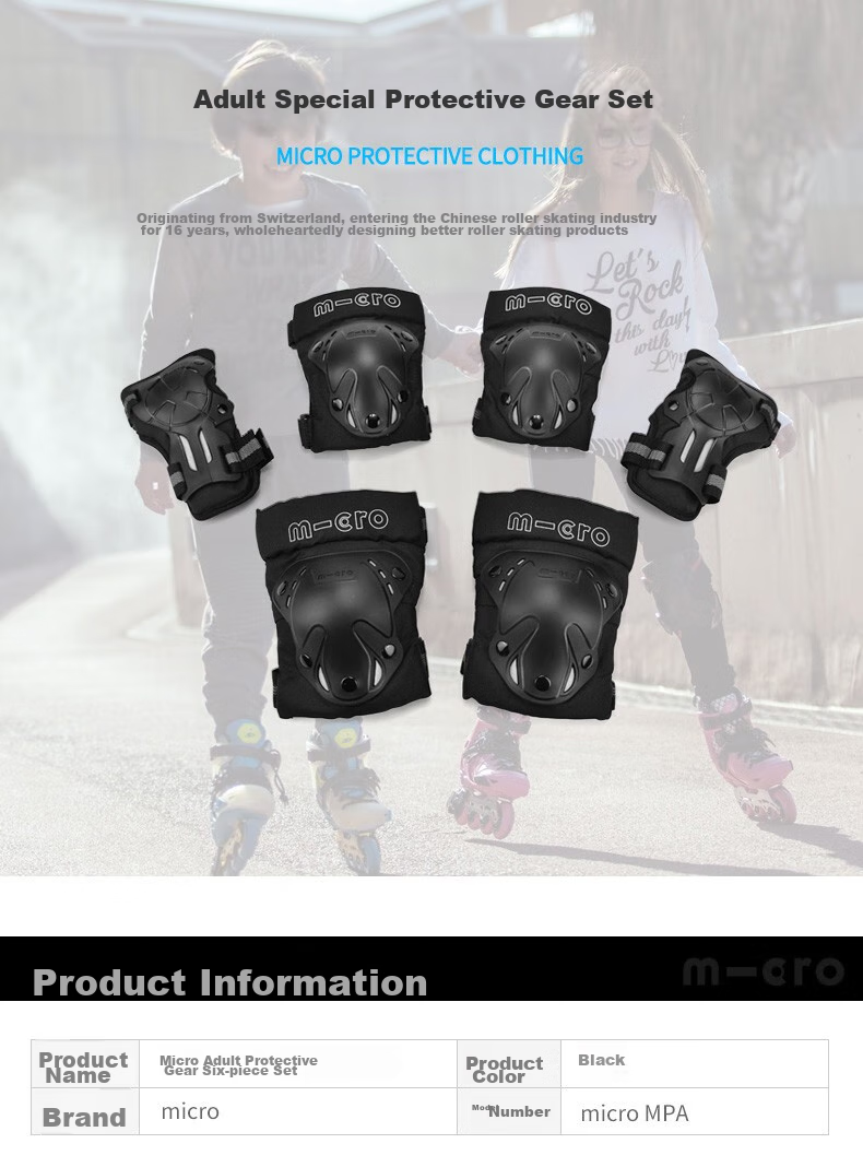 Micro Migu Roller Skating Protective Gear Skateboard Balance Bike M-Cro Thickened Anti-Fall Hand Elbow Knee Pads MPA Black Size L 1