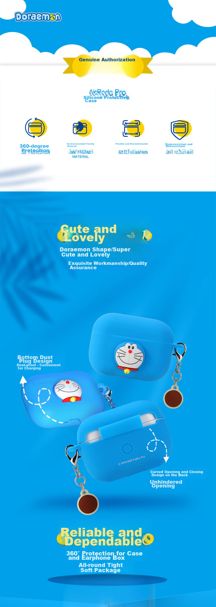ROCK Doraemon Compatible AirPods Pro First Generation Protective Case, Apple AirPods Pro Earphone Protective Cover, Silicone Cartoon Anti-Slip Dustproof Shockproof Full Coverage Soft Case 2