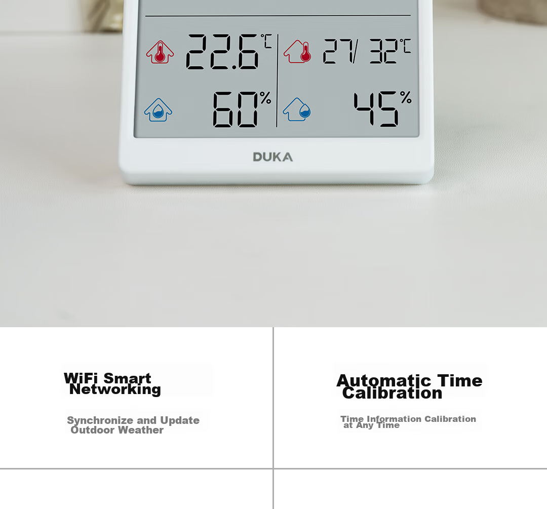 DUKA Indoor Thermometer And Hygrometer with Clock, WiFi Smart Home Digital Display Electronic Clock with Adhesive Stand TH3 Champagne Gold 2