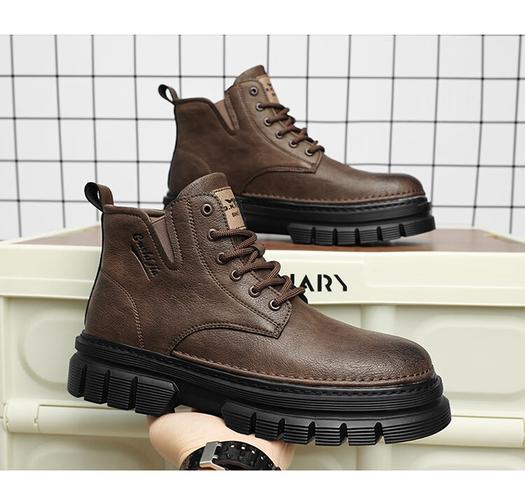 Bull Family Men's Autumn Winter British Style Martin Boots High-top Retro Versatile Work Boots Thick-soled Durable Shoes for Men 17
