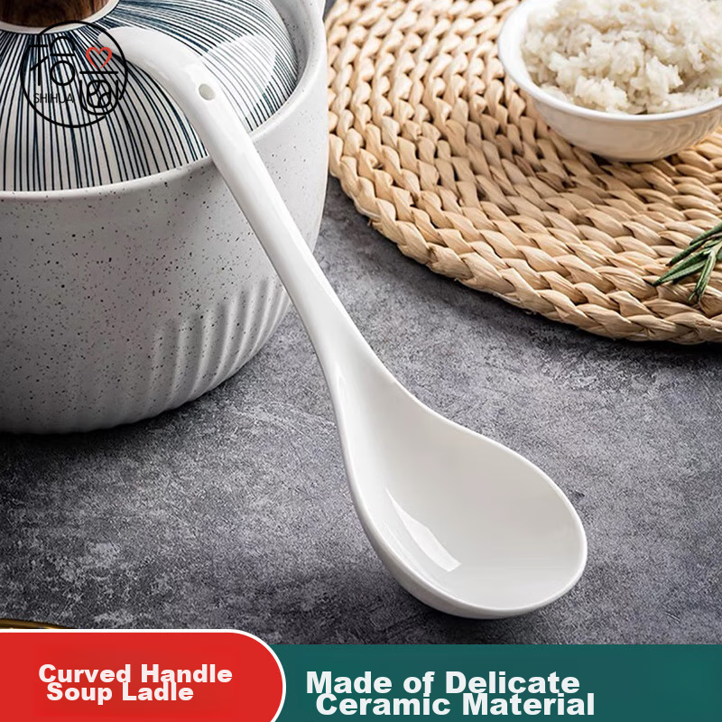 Shihua Ceramic Large Soup Ladle Rice Spoon 22.8cm, Large Serving Ladle for Soup And Porridge, Long-Handled Soup Spoon, Dining Spoo
