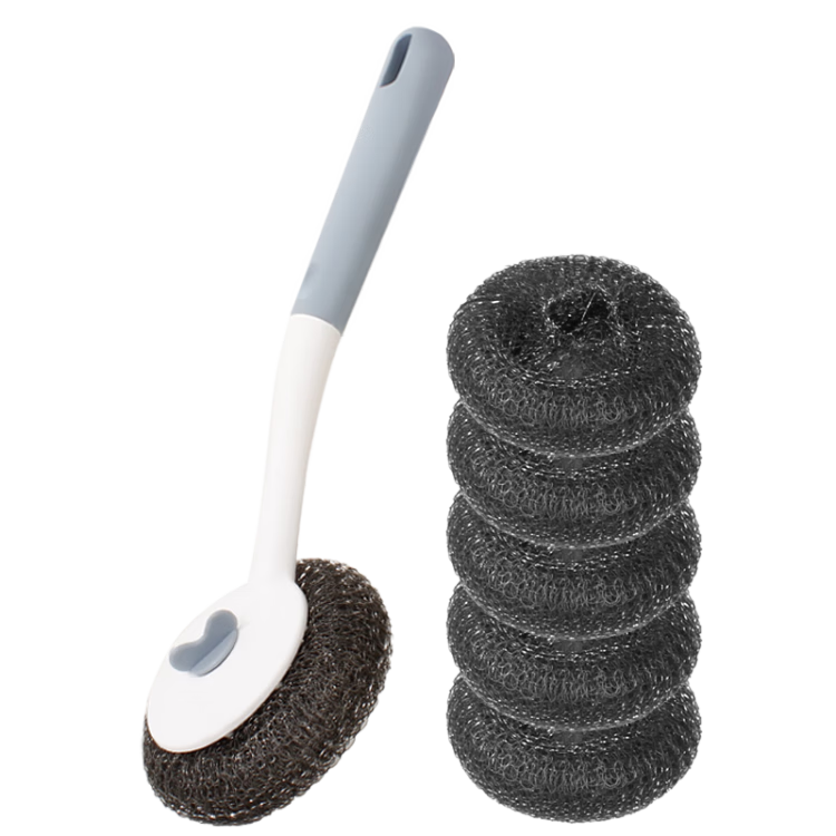 Fuaijia Long Handle Pot Scrubber, Steel Wool Cleaning Ball, Replaceable Steel Wire Ball, Pot Washing Brush Tool, 1 Handle with 6 Brush Heads