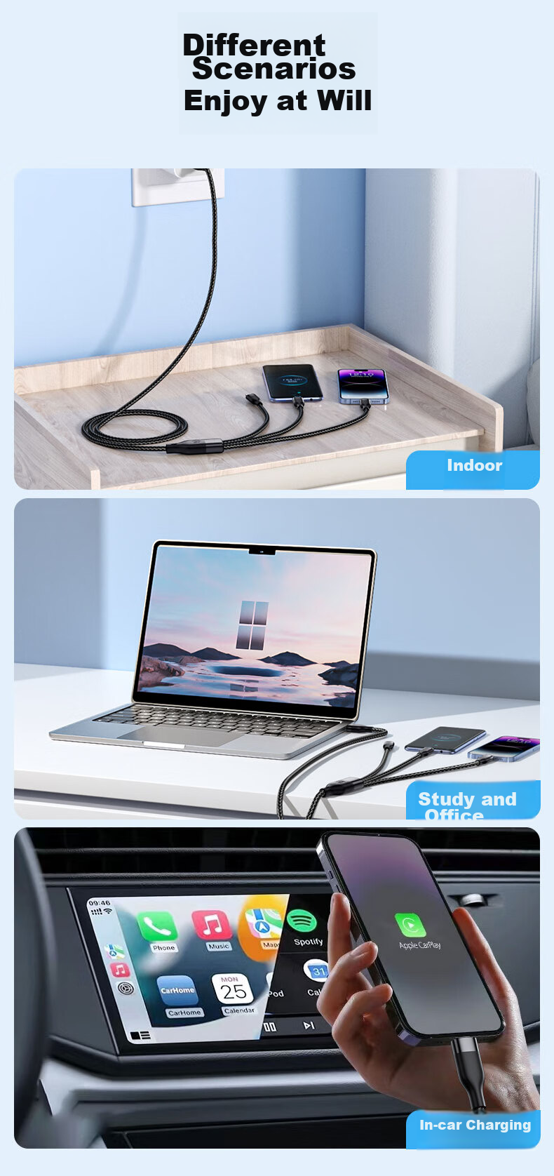 CangHua Three-In Charging Cable, 2 Meters, 6A Fast Charge 100W, Multi-Head 88W, Compatible with Apple Type-C, Android IPhone 18/17/16, Huawei, Xiaomi Phones 11