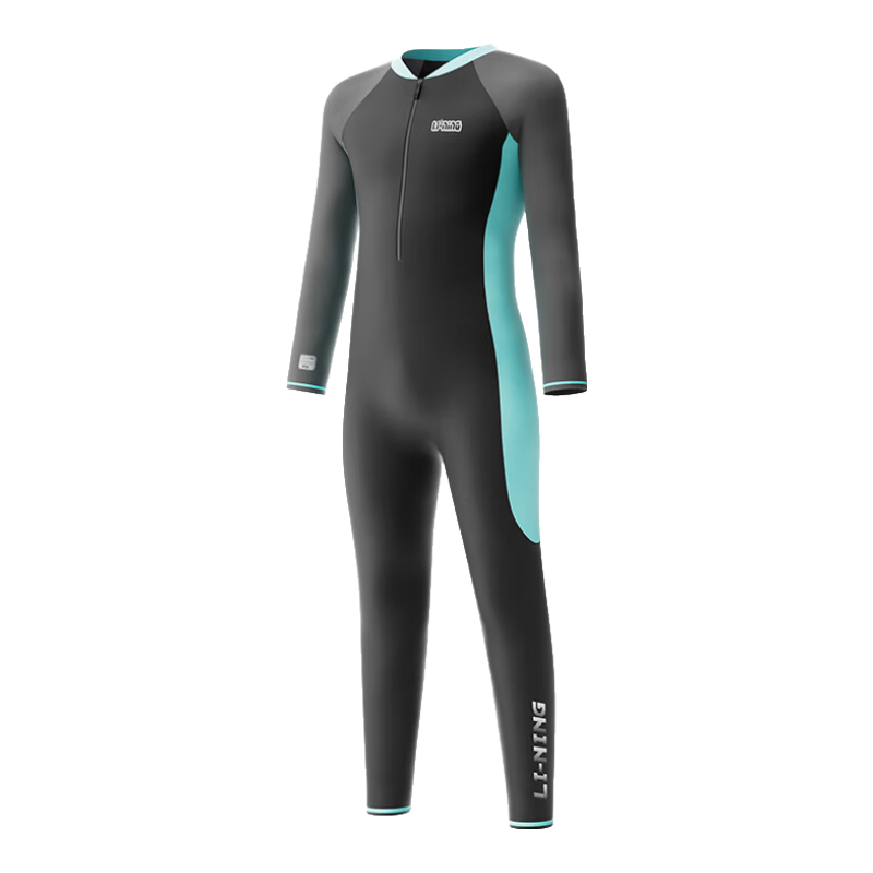 Li-Ning Children's One-Piece Long-Sleeve Swimsuit, Hot Spring Warmth Protection, Sun Protection, Boys' Surfing Suit, Training Swimwear, 8793 Black-Green, Size 150