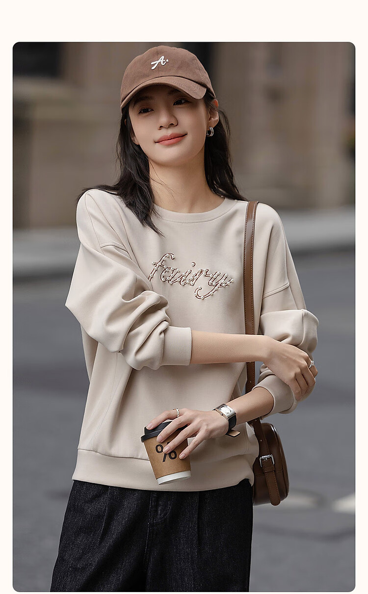 Dme [350G Air Layer] Spring Fashion Round Neck Beaded Letter Embroidery Loose-Fitting Fitted Sweatshirt Women's Top 3