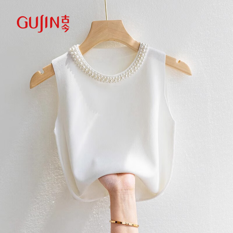 GUJIN Pearl Chanel-Style Elegant Inner Camisole for Women, Pearl Sleeveless Undershirt, Spring And Autumn Knitted Top