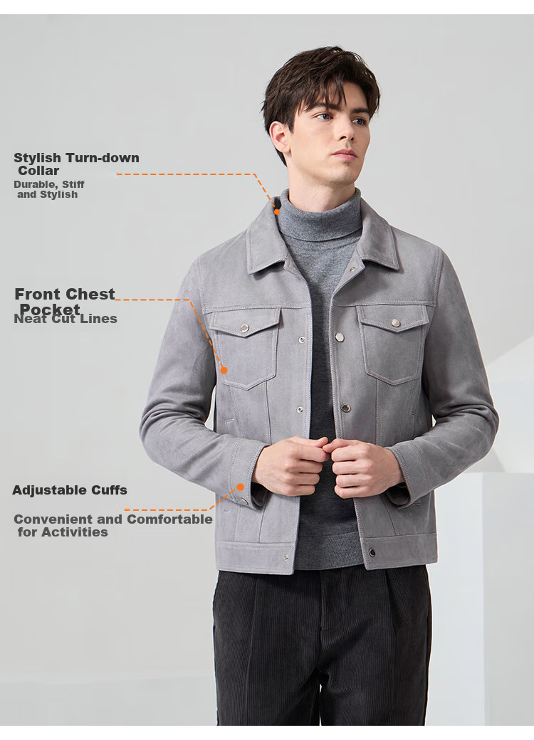 DANCING WOLVES [Suede] Jacket for Men, Versatile Lapel Jacket, Comfortable And Stylish Coat for Men, 102 Dark Blue, Size 165 4