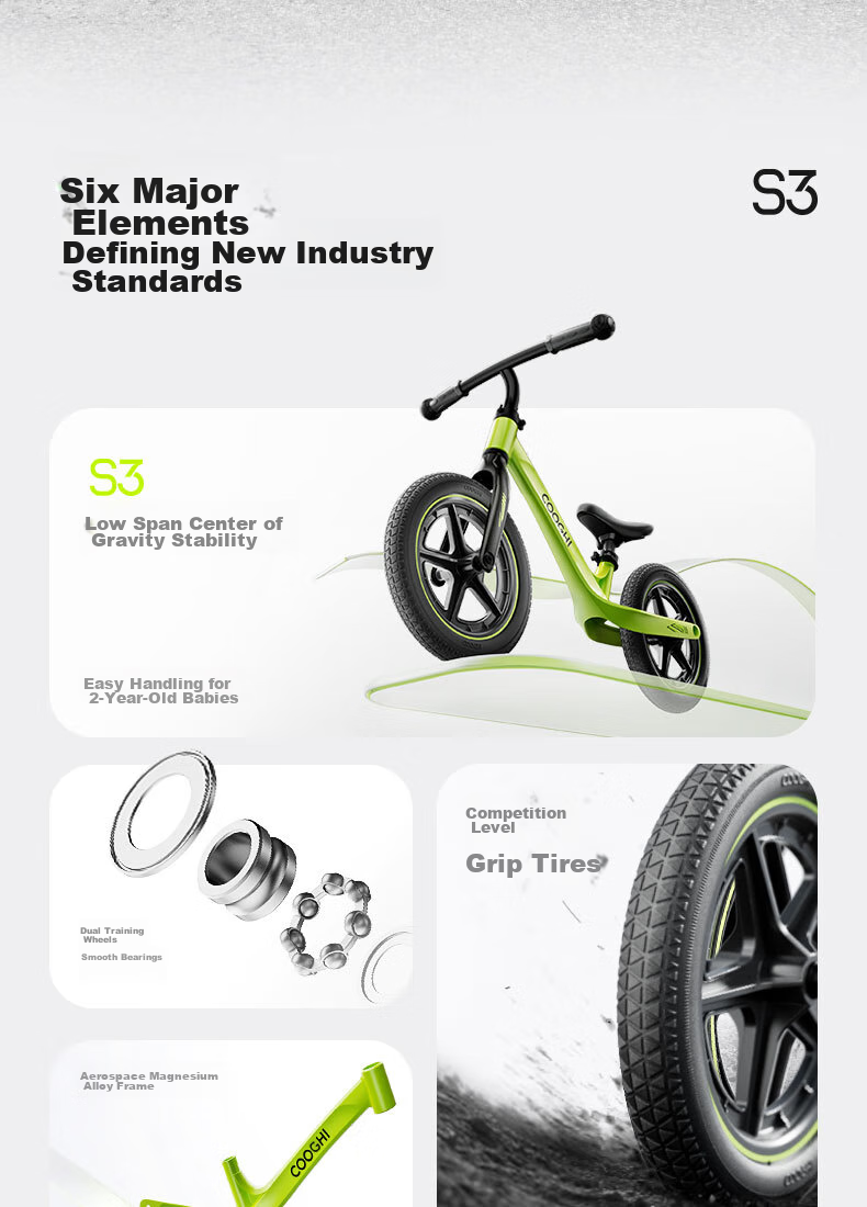 COOGHI Children's Balance Bike for Ages 1-7, 12-Inch Magnesium Alloy Frame with Solid Wheels S3Pro COOGHI Green Kuqi 10