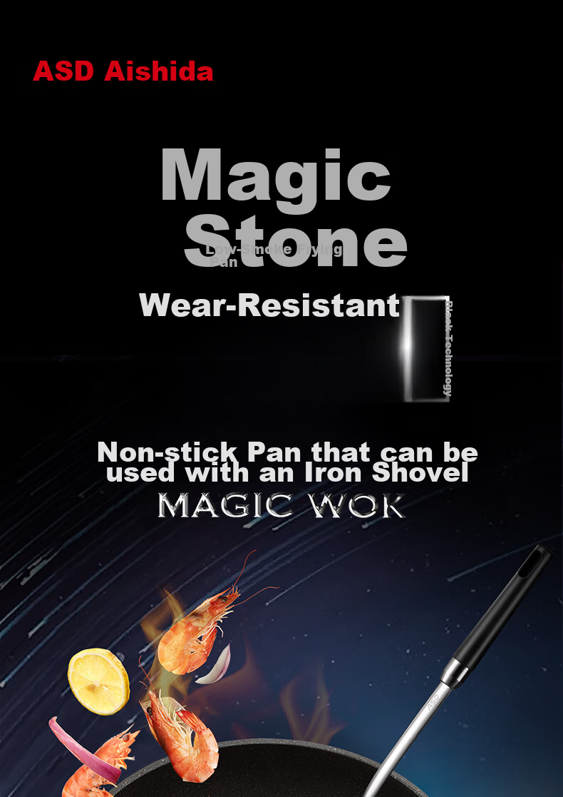 ASD Non-Stick Wok with Magic Stone, Smokeless Cooking Pan, Titanium Pot Compatible with Gas Stove And Induction Cooker, 28cm Suitable for 2-3 People 1
