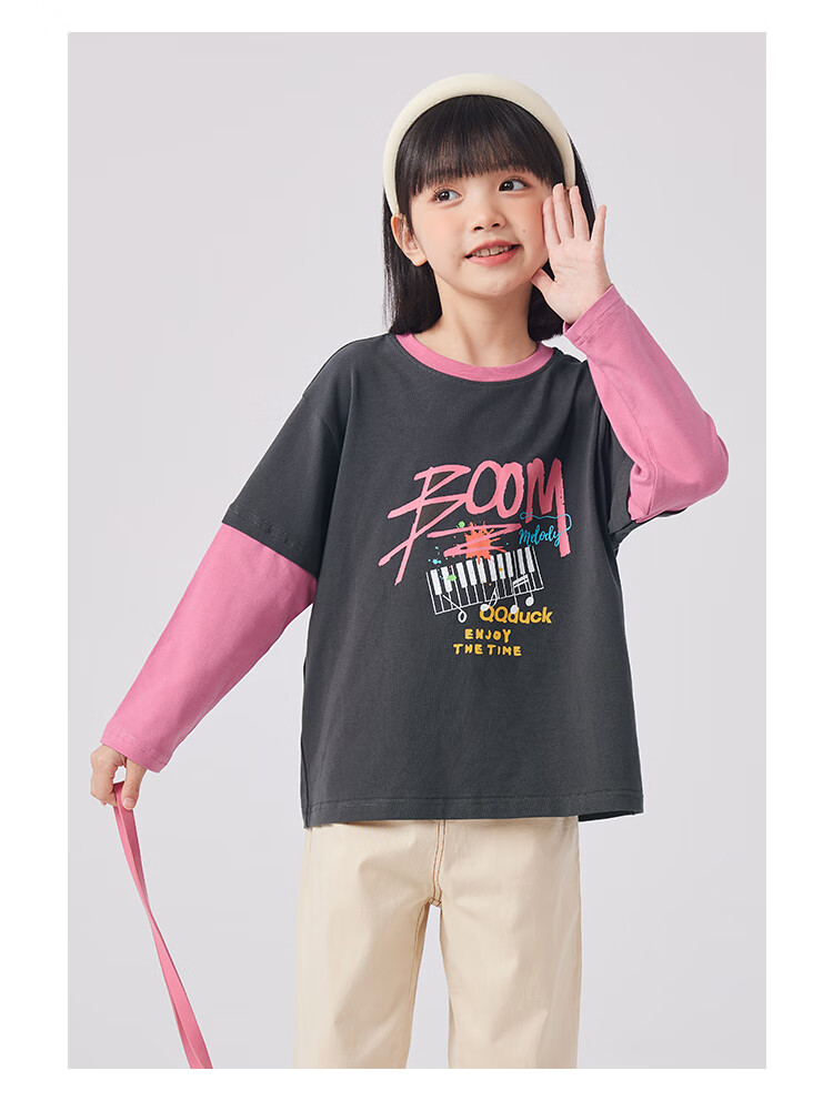 QQ DUCK Children's Clothing Girls' Long-Sleeve T-Shirt Undershirt Youth Wear Music Party White; 130 15
