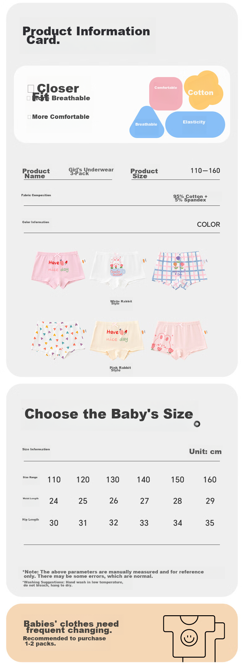 Babyprints Girls' Underwear, 3-Pack Student Cotton Boyshorts, Teenage Shorts, Girls' Leggings, White Rabbit Style, Size 150 3