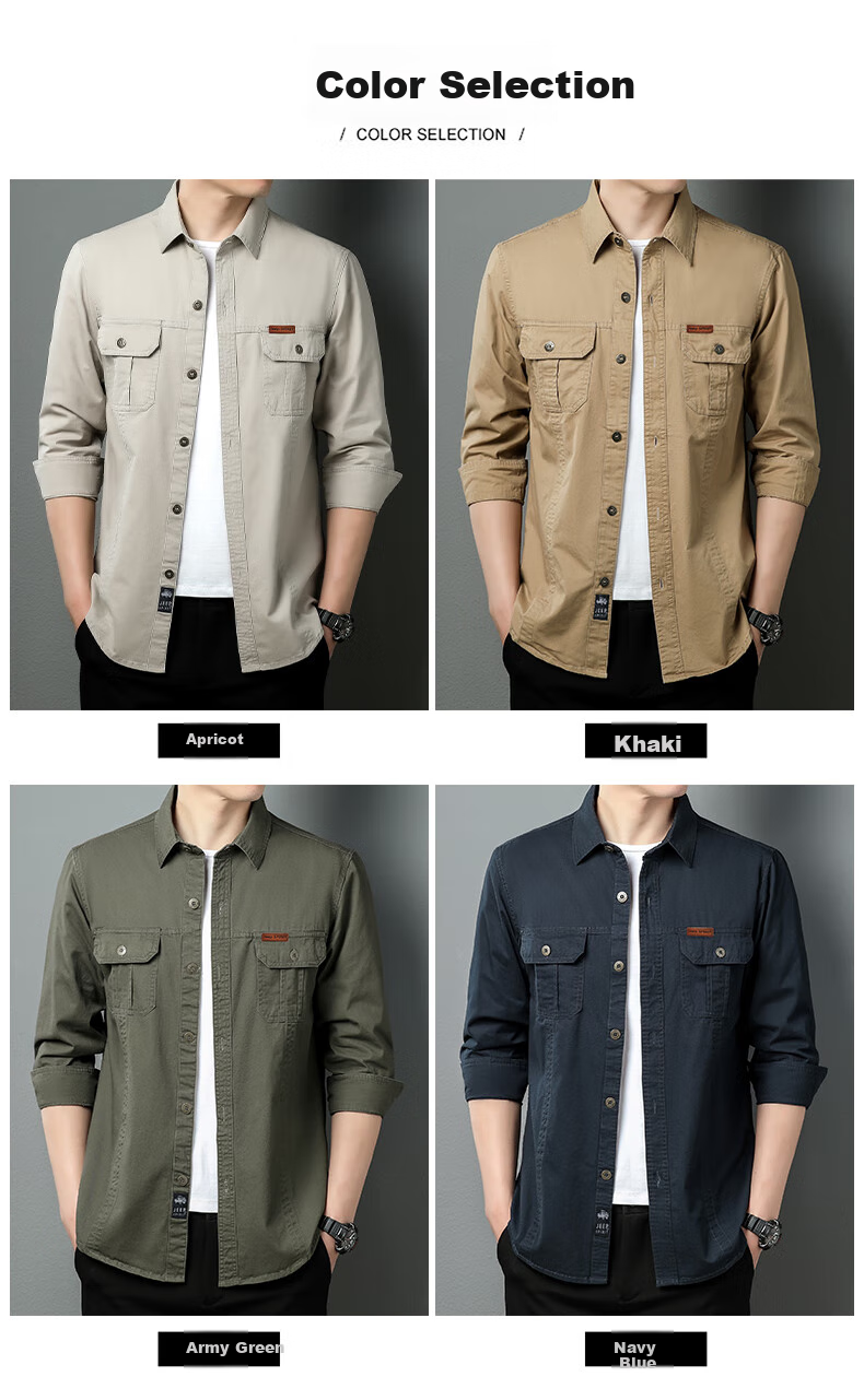JEEP SPIRIT Men's Shirt, Long Sleeve, Spring And Autumn Washed Casual Workwear Shirt, Men's Jacket, Outerwear, Khaki, 2XL 1