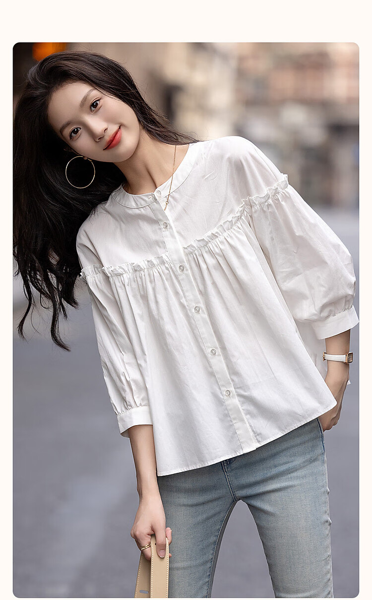 Dme [Gentle Trailer] Spring And Summer French Pure Cotton Pleated Wrinkled Shirt with Ruffle Collar And Puff Sleeves Women's Blouse Top 2