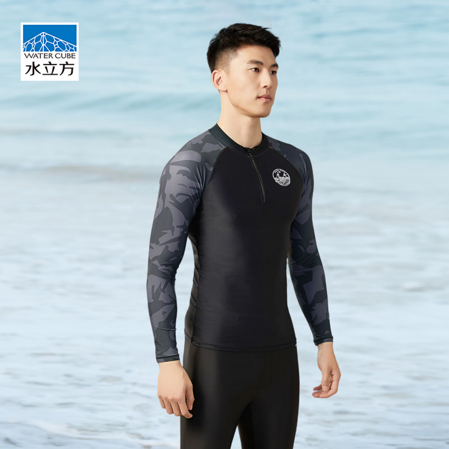 WATER CUBE Swimwear, Surfing Suit, Diving Suit for Men, Long-Sleeve Swimming Top, Cold-Resistant, Sun-Protective, Quick-Drying Surfing Suit, Black, Size M