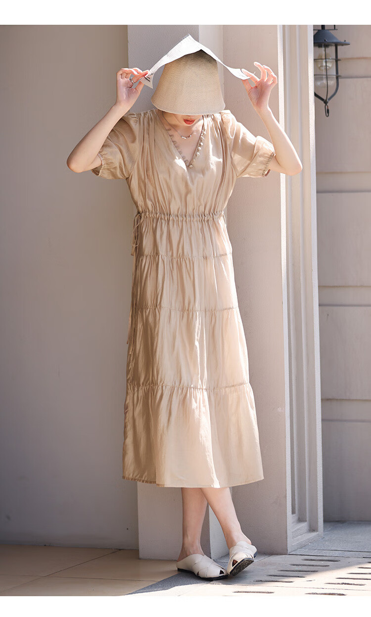 Dme Tencel Flowy Dress with Drawstring Waist And V-Neck Short Sleeves for Women, Light Pink, Size S 8